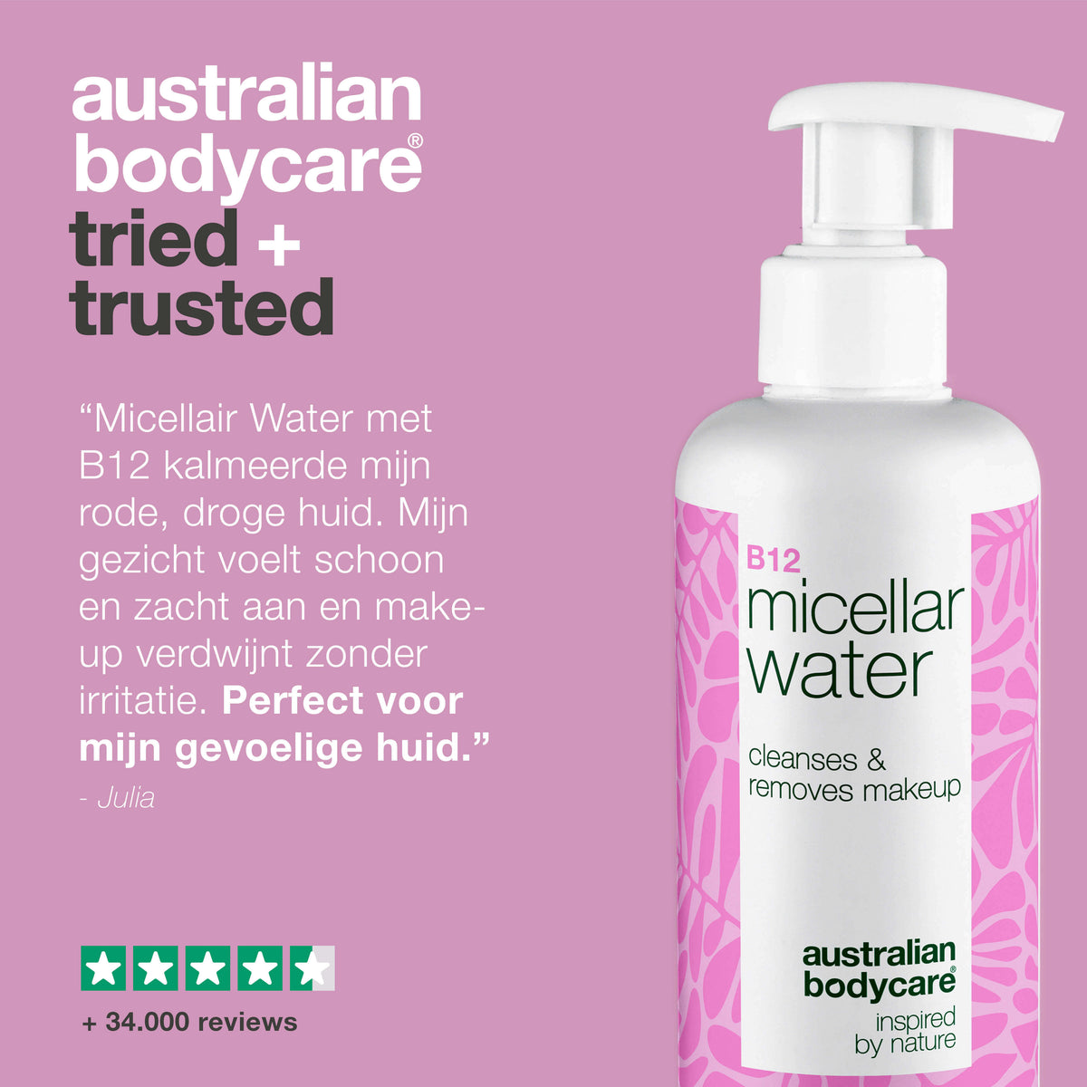 Micellair Water – Reinigt, kalmeert en verwijdert make-up — Micellair Water tegen irritatie en make-up. Voor de gevoelige huid. Bevat B12, Niacinamide, Glycerine en Propanediol.