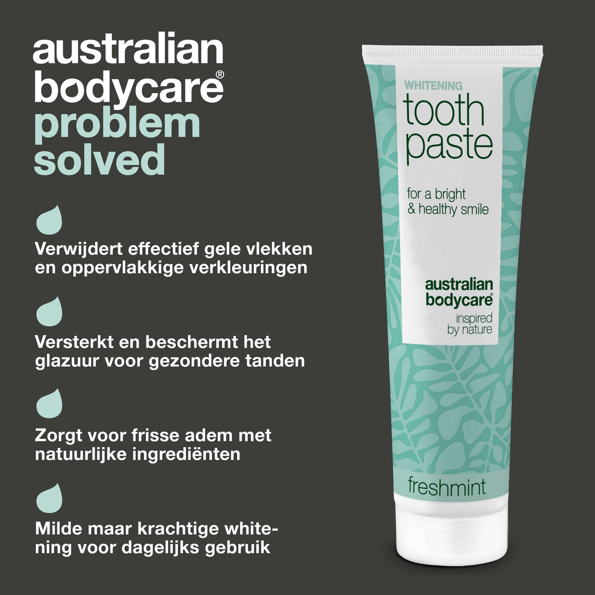 Whitening Tandpasta – Verwijdert vlekken en geeft witte tanden — Tandpasta die gele tanden bestrijdt en het glazuur versterkt. Met gehydrateerd silica, alumina en menthol voor een frisse adem.