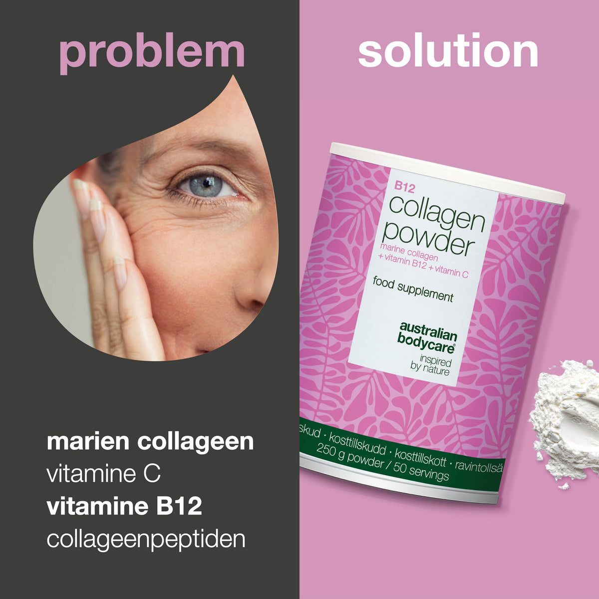 Collageen poeder met vitamine C & B12 – 250g marien — Collageen poeder voor dagelijks gebruik in voeding of drank. Met marien collageen, vitamine C en vitamine B12.