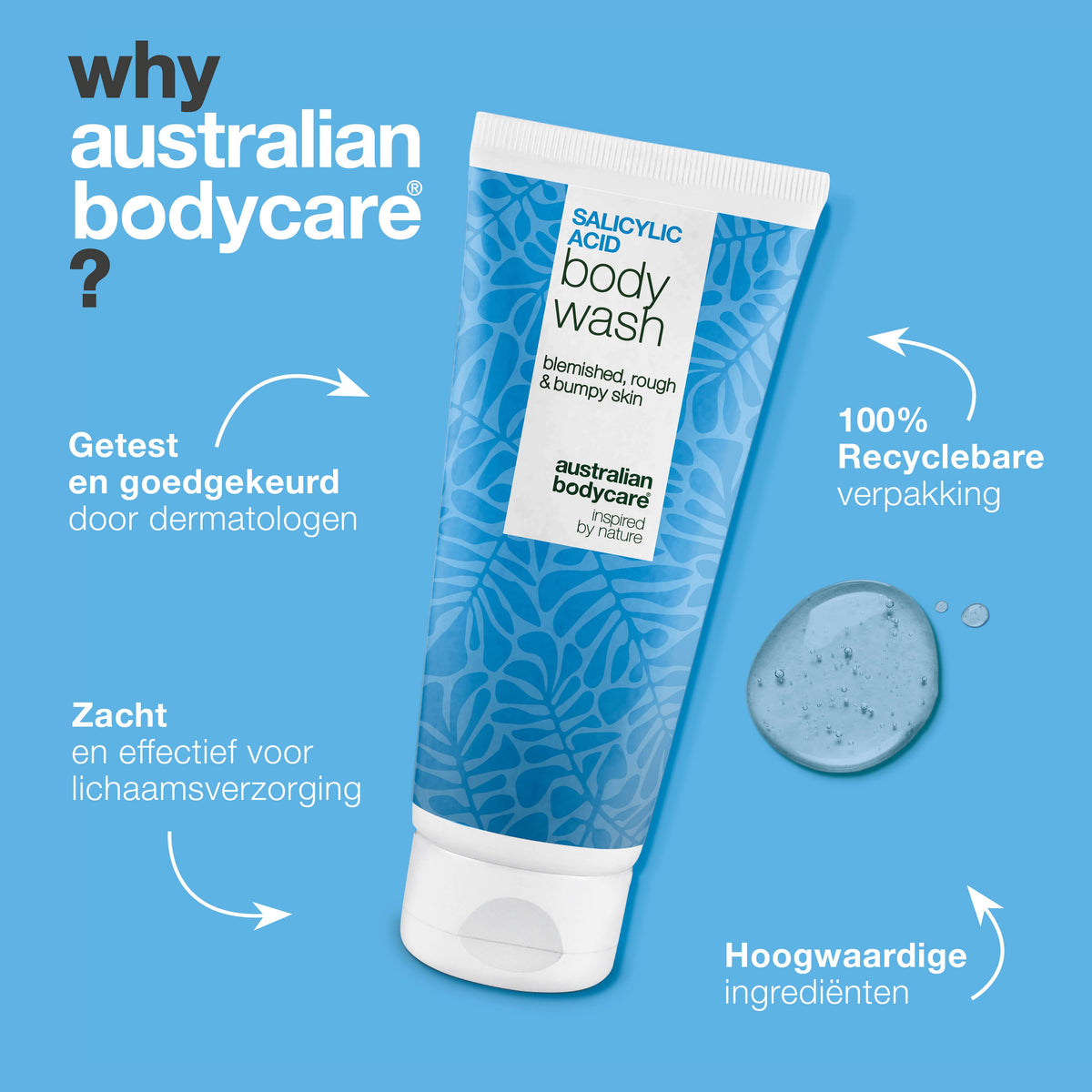 Salicylzuur Douchegel voor een onzuivere rug en billen — Salicylzuur Body Wash tegen puistjes en poriën. Met salicylzuur, niacinamide, zink PCA en hydraterende glycerine.