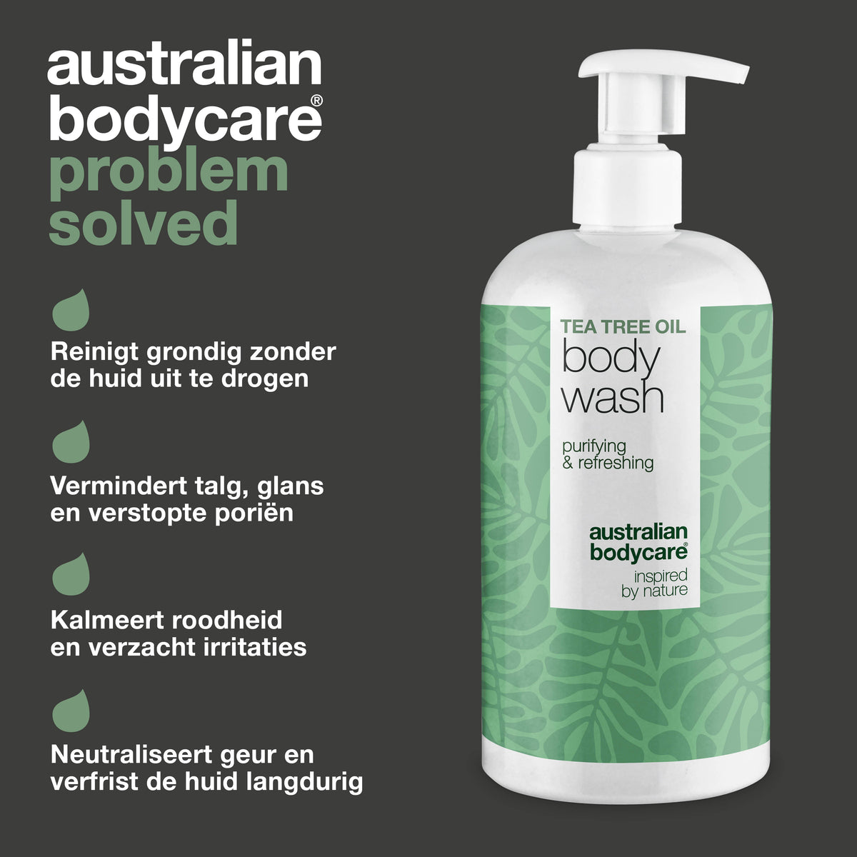 Tea Tree Body Wash tegen puistjes, zweet en vettige huid — Tea Tree Body Wash tegen puistjes, geur en talg. Met Tea Tree Oil, Zinc PCA en milde Coco-Betaine voor dagelijks gebruik.