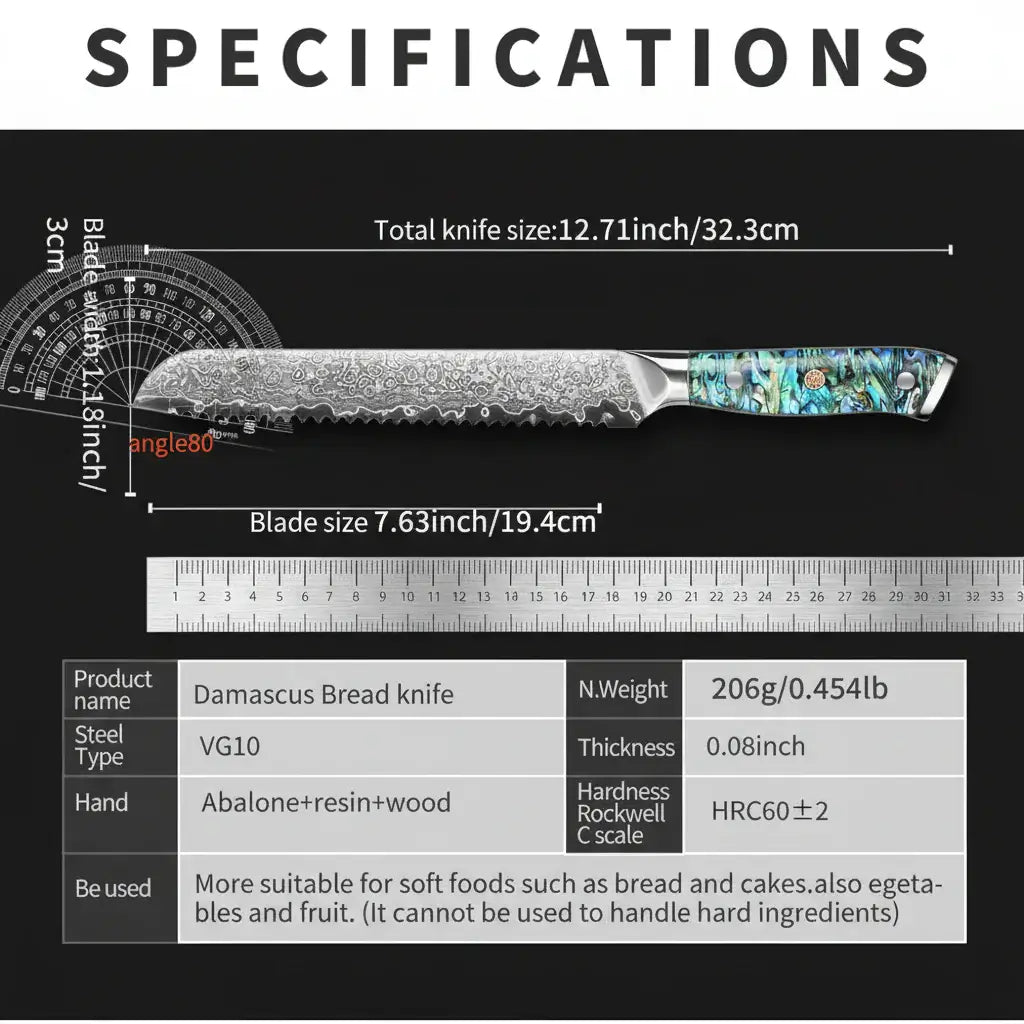8 Inch Damascus Bread Knife 67-Layer Steel, Abalone Shell Handle