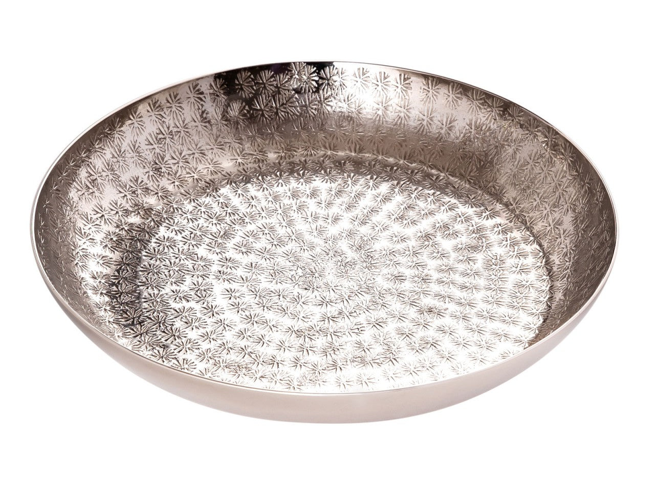 Dekorativ rundt metalbakke ø28 cm – hamret, sølv eller guld