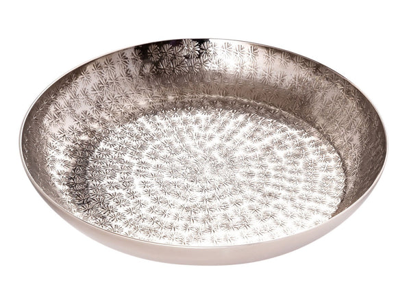 Dekorativ rundt metalbakke ø28 cm – hamret, sølv eller guld