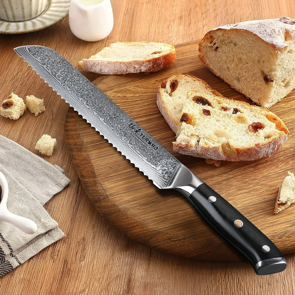 8-Inch Damascus Steel Bread Knife Serrated VG10 Core Blade Black