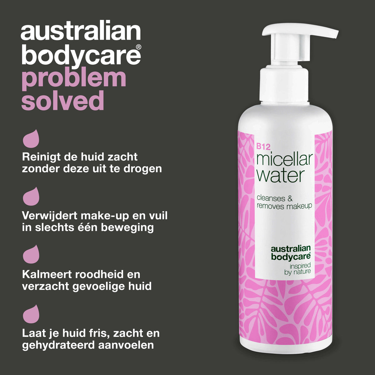 Micellair Water – Reinigt, kalmeert en verwijdert make-up — Micellair Water tegen irritatie en make-up. Voor de gevoelige huid. Bevat B12, Niacinamide, Glycerine en Propanediol.
