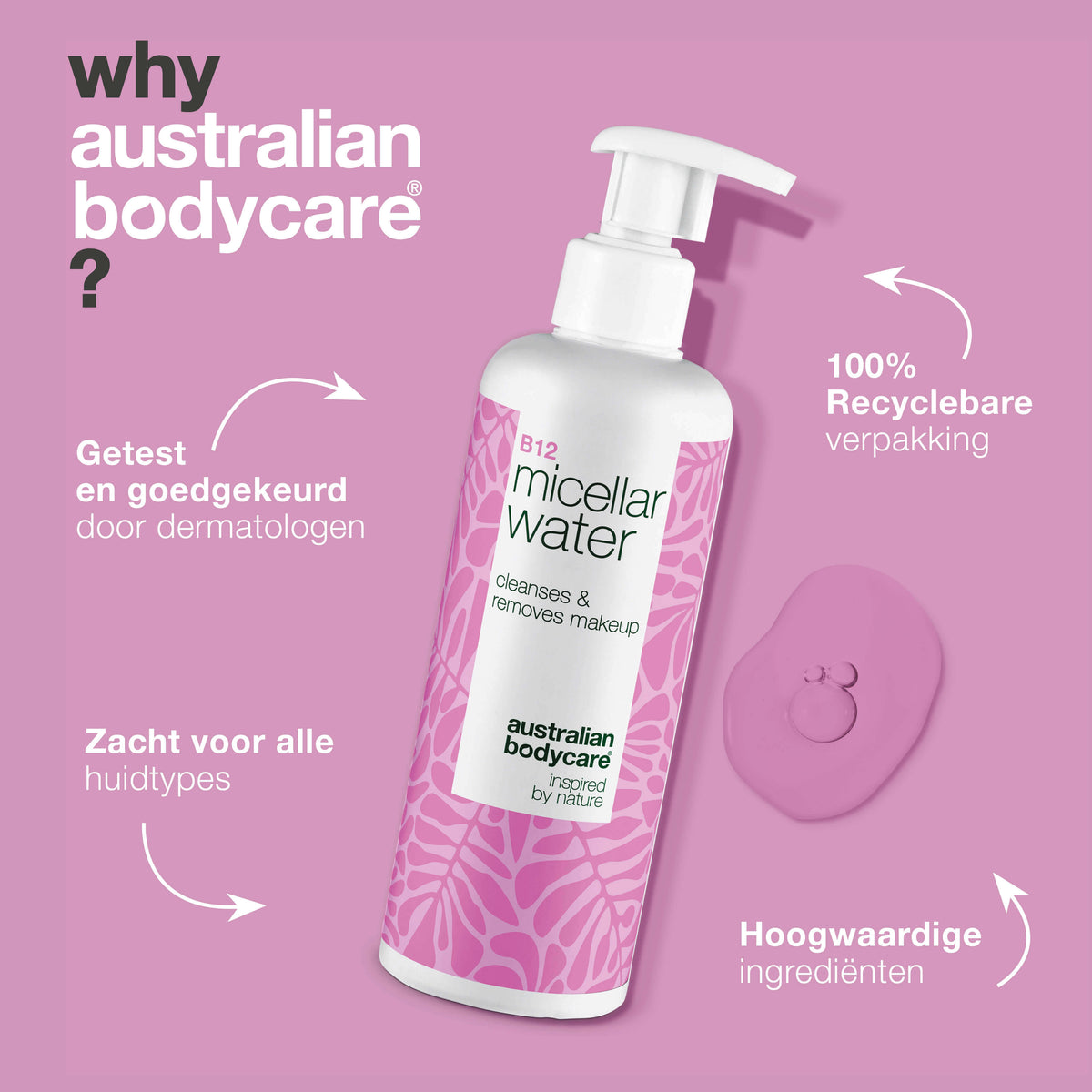 Micellair Water – Reinigt, kalmeert en verwijdert make-up — Micellair Water tegen irritatie en make-up. Voor de gevoelige huid. Bevat B12, Niacinamide, Glycerine en Propanediol.