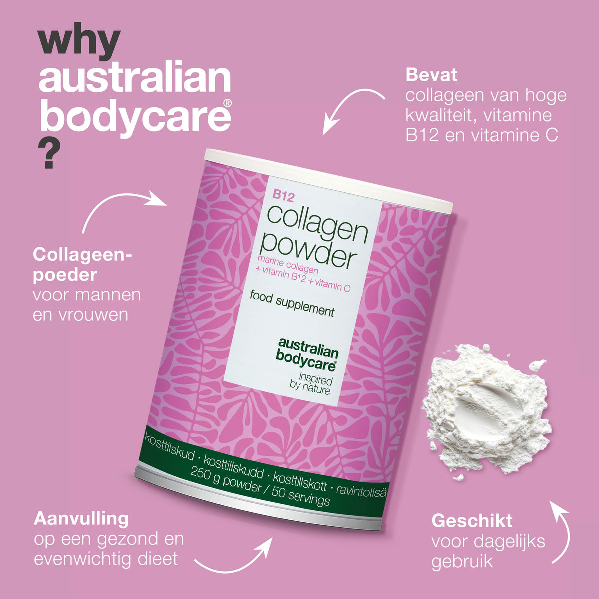 Collageen poeder met vitamine C & B12 – 250g marien — Collageen poeder voor dagelijks gebruik in voeding of drank. Met marien collageen, vitamine C en vitamine B12.