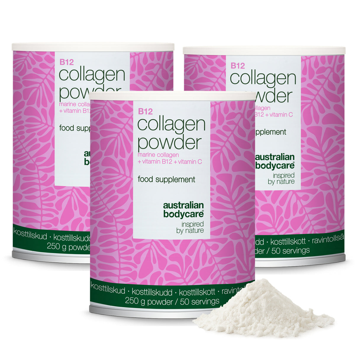 Collageen poeder met vitamine C & B12 – 250g marien — Collageen poeder voor dagelijks gebruik in voeding of drank. Met marien collageen, vitamine C en vitamine B12.