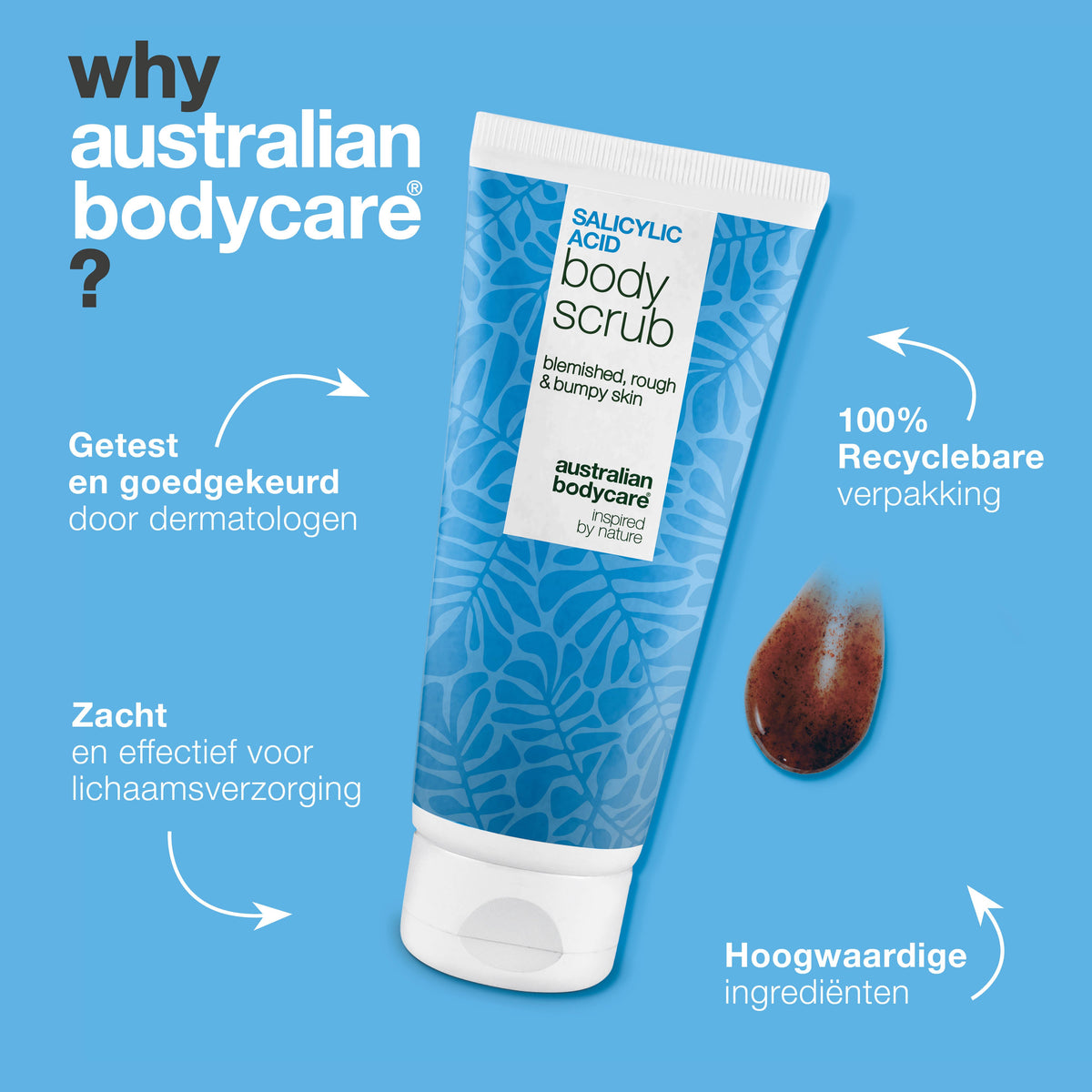 Lichaamsscrub met salicylzuur voor een zuivere en gladdere huid — Body Scrub met salicylzuur verwijdert puistjes en onzuiverheden. Bevat salicylzuur, glycolzuur, abrikozenpitpoeder en allantoïne.
