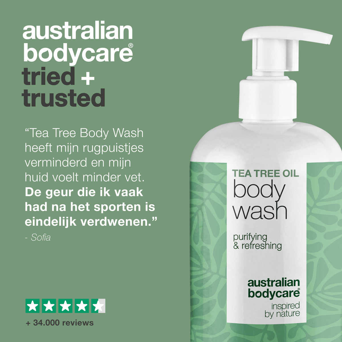 Tea Tree Body Wash tegen puistjes, zweet en vettige huid — Tea Tree Body Wash tegen puistjes, geur en talg. Met Tea Tree Oil, Zinc PCA en milde Coco-Betaine voor dagelijks gebruik.