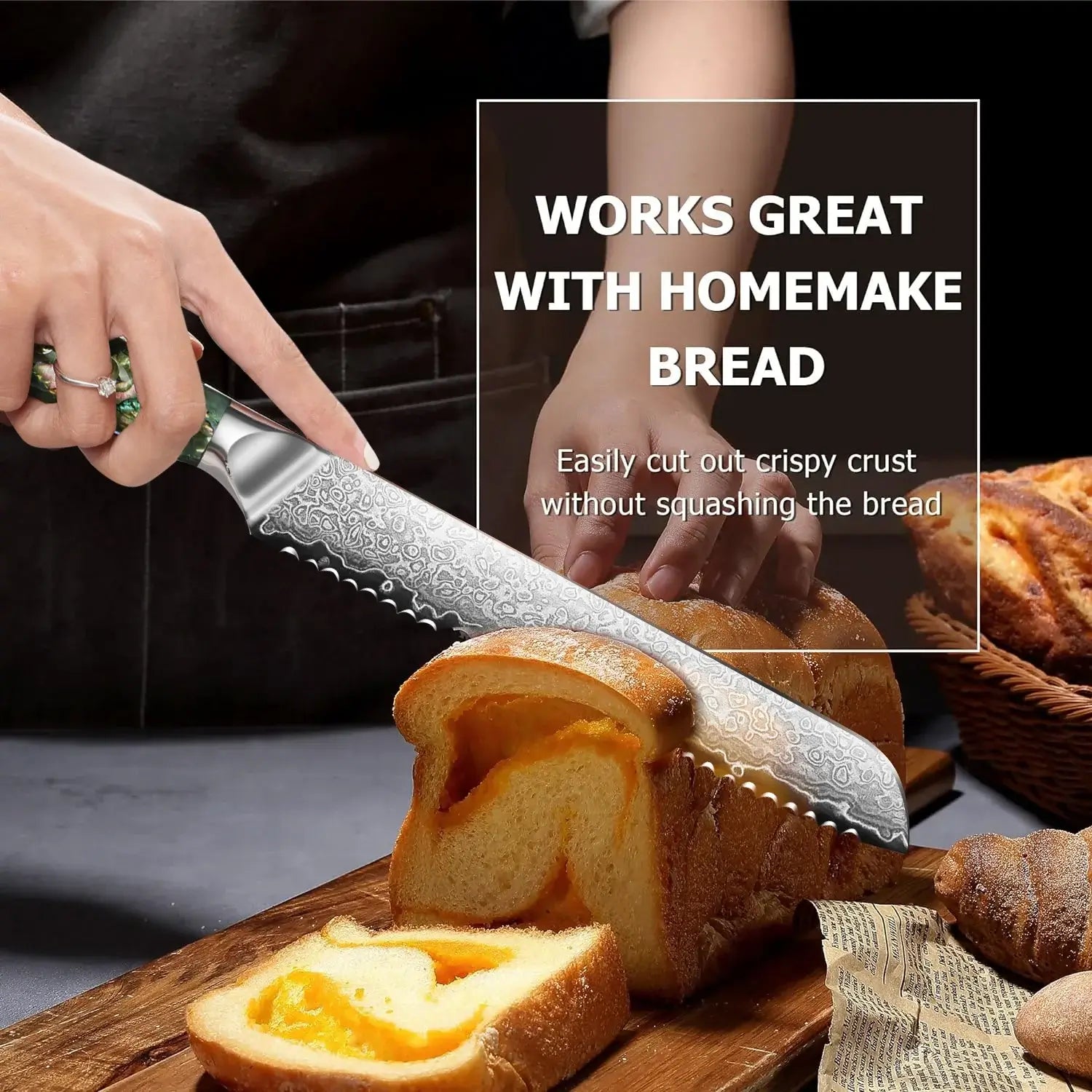 8 Inch Damascus Bread Knife  67-Layer Steel, Abalone Shell Handle