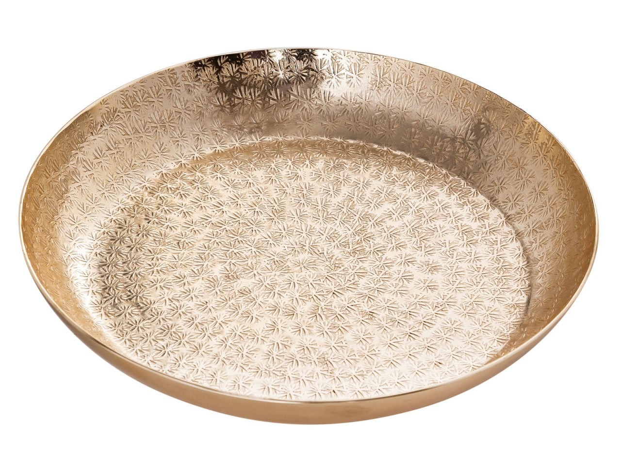Dekorativ rundt metalbakke ø28 cm – hamret, sølv eller guld