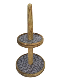 Etagere 2 etager ø30 cm – mangotræ med keramikdekor