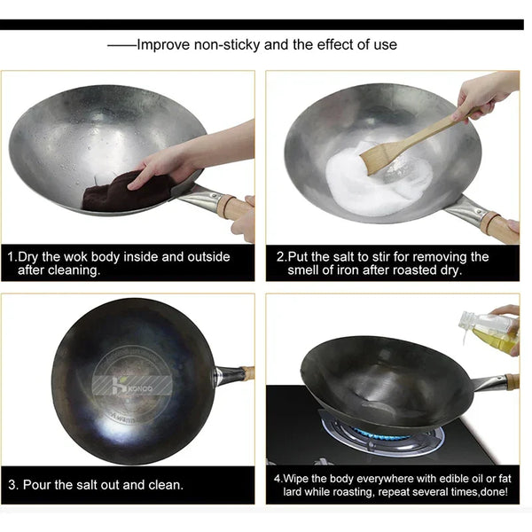 32cm Hand-Forged Iron Wok Pure Iron Non-Coated Stir Fry Pan Brown