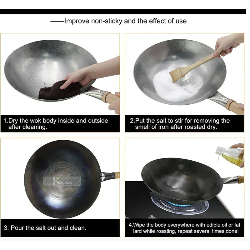 32cm Hand-Forged Iron Wok Pure Iron Non-Coated Stir Fry Pan Brown